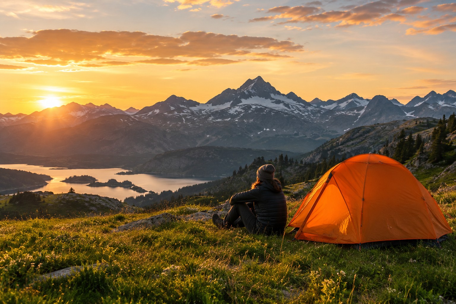 Traveler relaxing beside an orange tent in a mountain meadow