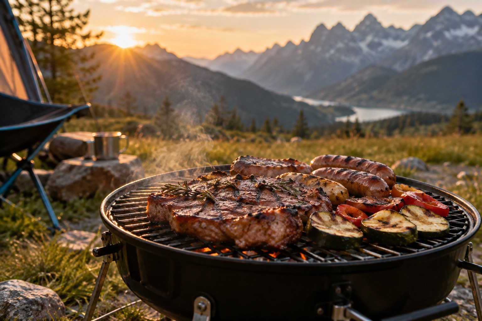 Grilled meat sizzling on a portable barbecue at a mountain campsite