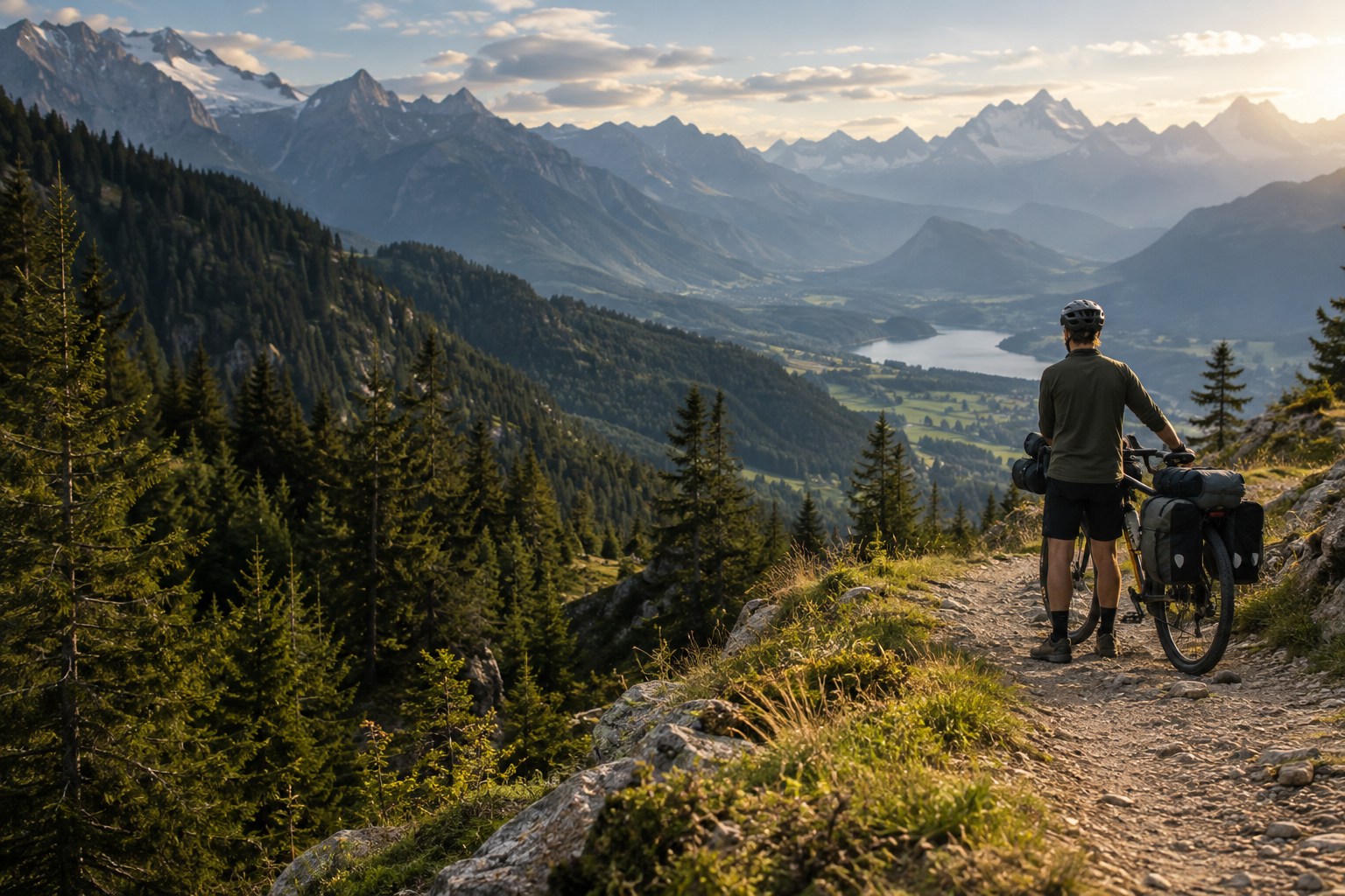 A traveler with a bicycle overlooking a sunlit mountain valley